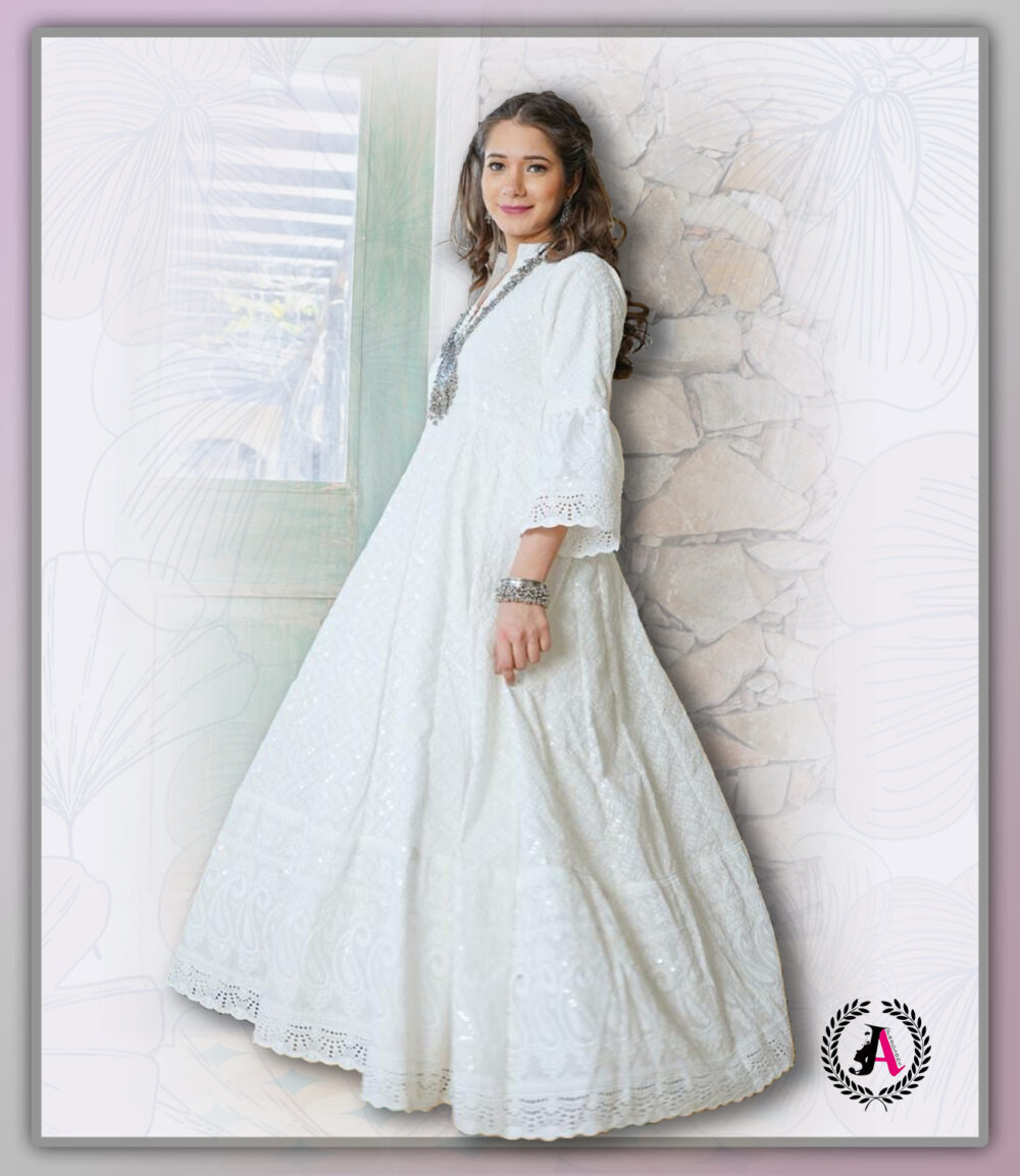White Chikenkari Long Gown
